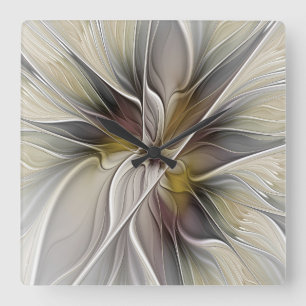 Relógio Quadrado Fractal Floral, Flor Fantasia com Cores da Terra