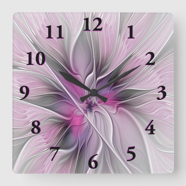 Relógio Quadrado Fractal Floral Moderno Abstrato Flor Rosa Cinza (Frente)