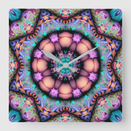 Relógio Quadrado Fractal Mandala Floral Psicodélico