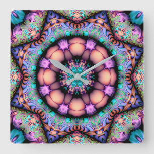 Relógio Quadrado Fractal Mandala Floral Psicodélico