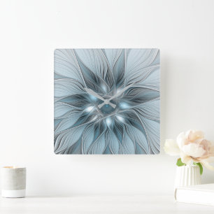 Relógio Quadrado Fratura Floral Abstrato Azul Cinza de Flor Alegre
