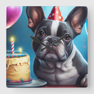 Relógio Quadrado Frenchie Birthday Bash: Um Cachorro Francês Bonito
