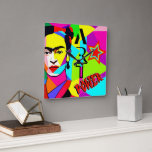 Relógio Quadrado Frida POP ART<br><div class="desc">"Frida Lives" com um retrato colorido da pop de Frida Kahlo - Square Wall Clock,  POP ART style by O.M design</div>