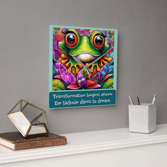 Relógio Quadrado Frog Whimsical Abstract Art Floral Personalized (Escritório)
