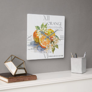 Relógio Quadrado Fruta cítrica laranja aquarela com flores
