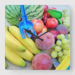 Relógio Quadrado Fruta de Verão, Comida, Melão, Uvas, Pêssegos, Ban