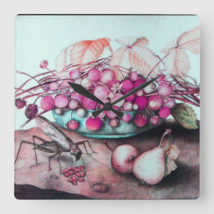 RELÓGIO QUADRADO FRUTAS DA SEASON, PÉRIAS DE STRAWBERRIES E CICADA