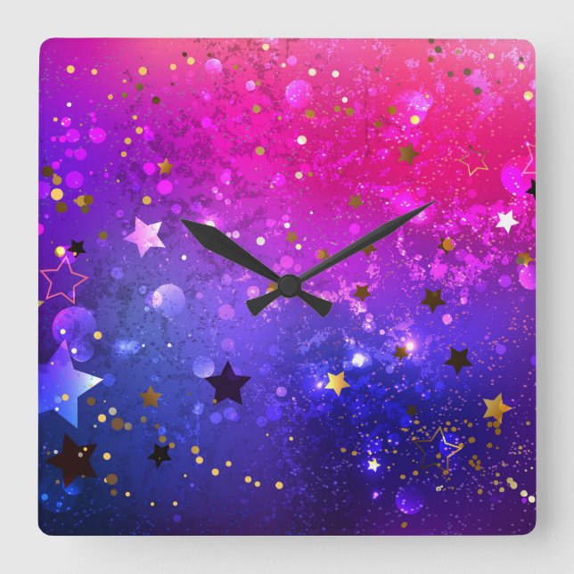 Relógio Quadrado Fundo Azul Cor-de-rosa brilhante (Frente)