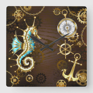 Relógio Quadrado Fundo de madeira com cavalo de mar mecânico