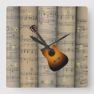 Relógio Quadrado Fundo rolado ~ da partitura da guitarra acústica