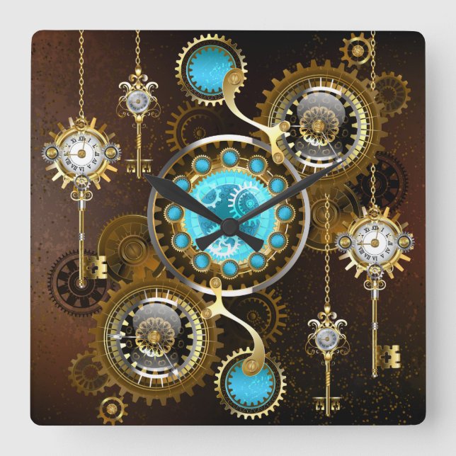 Relógio Quadrado Fundo Rusty Steampunk com Lentes Turquesa (Frente)