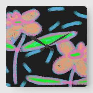Relógio Quadrado Funky Flowers Abstrato Art