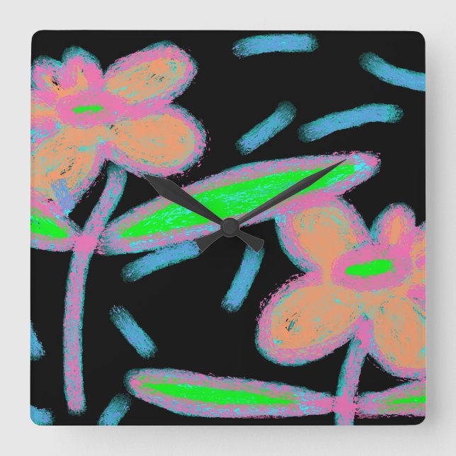Relógio Quadrado Funky Flowers Abstrato Art (Frente)