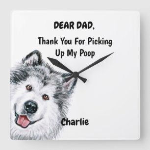 Relógio Quadrado Funny Alaskan Malamute Pai Watercolor Canine Art