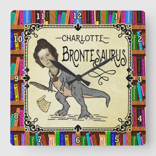 Relógio Quadrado Funny Charlotte Bronte Surus Dinossaur Book Reader (Frente)