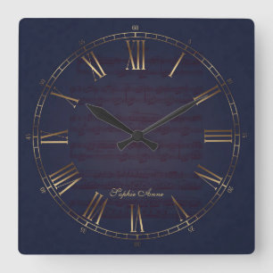 Relógio Quadrado Für Elise Música Dourado Marinho Azul Monograma