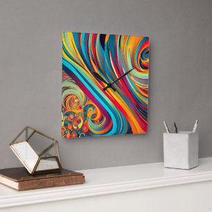 Relógio Quadrado Fusão de Onda de Cor – Arte Abstrata de Redemoinho
