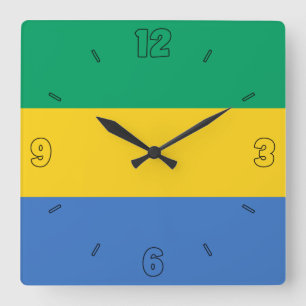 Relógio Quadrado Gabão Bandeira Amarelo Azul Verde Números Patrióti
