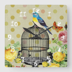 Relógio Quadrado Gaiola De Pássaro Floral Ephemera Granny Chic