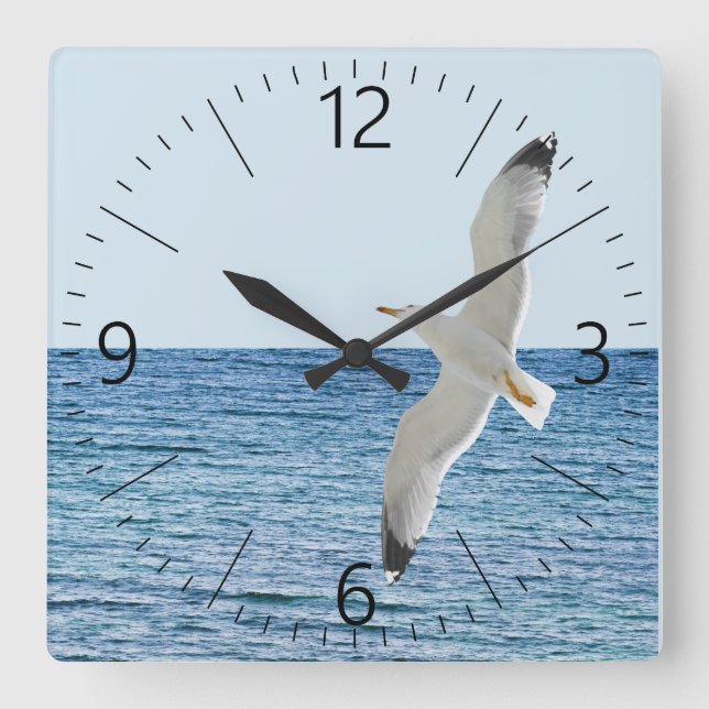 Relógio Quadrado Gaivota sobre o mar (Frente)
