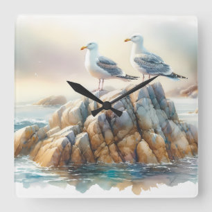 Relógio Quadrado Gaivotas Costeiras Aquarela Paisagem Marítima