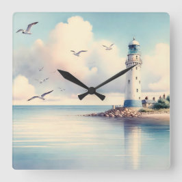 Relógio Quadrado Gaivotas do Farol Costeiro Céu Pastel Serenidade