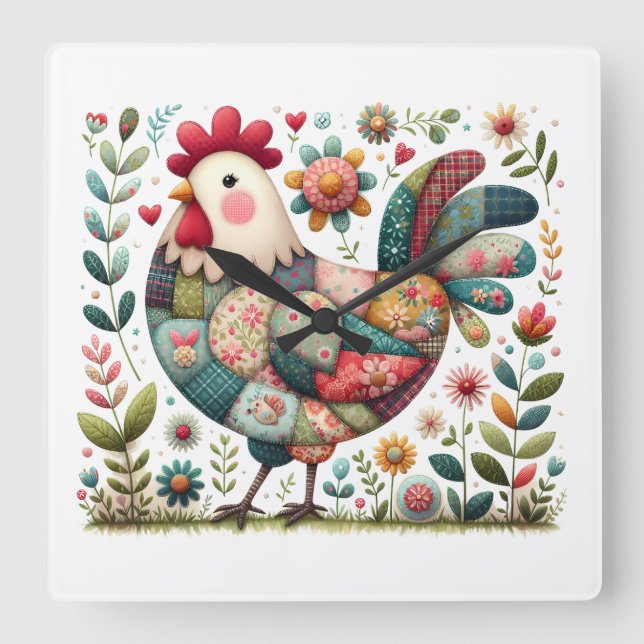 Relógio Quadrado Galo de Patchwork Folclórico com Acentos Florais (Frente)