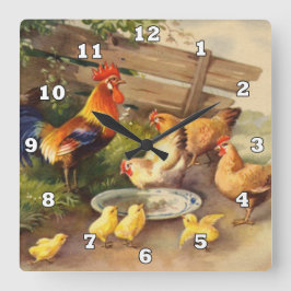 Relógio Quadrado Galo de Vintage e galinhas Decoração da parede
