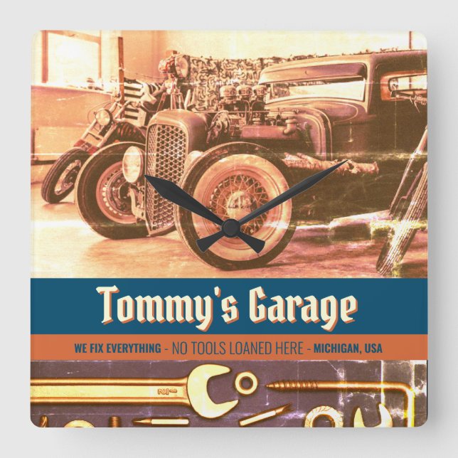 Relógio Quadrado Garagem de motocicleta mecânica personalizada (Frente)