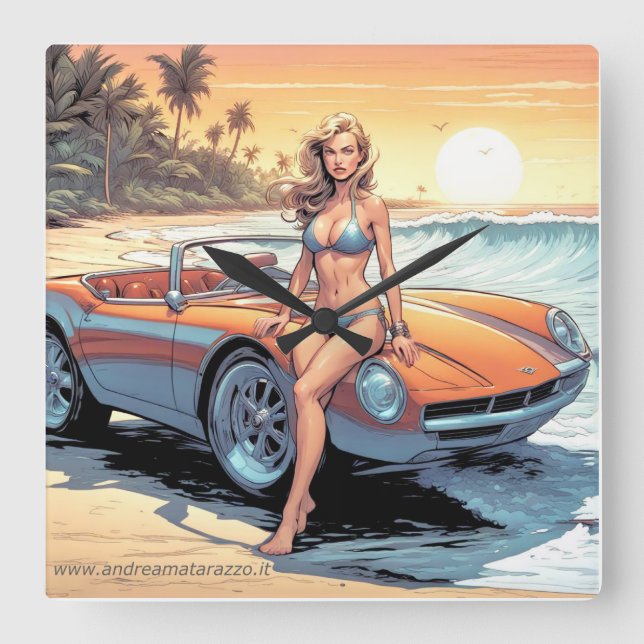 Relógio Quadrado Garota com carro esportivo (Frente)