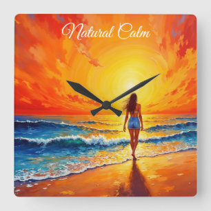 Relógio Quadrado Garota da praia do pôr do sol caminha pelo oceano 