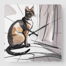 Relógio Quadrado Gata Citadina Elegante Olhando pela Janela Minimal