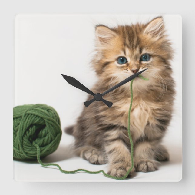 Relógio Quadrado Gatinho com fio verde (Frente)
