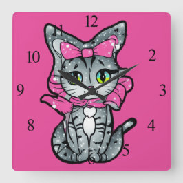 Relógio Quadrado Gatinho Kawaii, bonito, com fundo cor-de-rosa bril