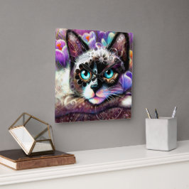 Relógio Quadrado Gatinho Siamês Gato Crocus Floral Purple Teal Whit