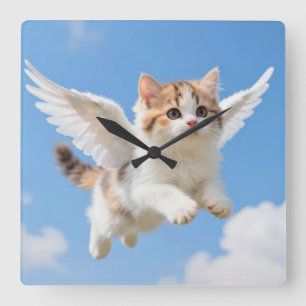 Relógio Quadrado Gatinho Voador Fofo Calico Tabby Céu Azul