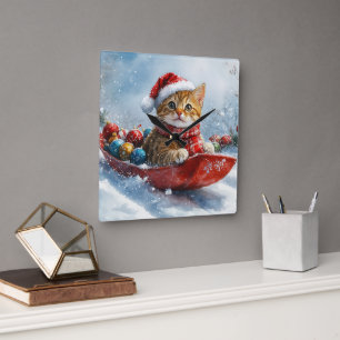 Relógio Quadrado Gato Abissínio em Trenó Deixe Nevar Natal