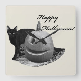 Relógio Quadrado Gato & Abóbora Feliz Halloween