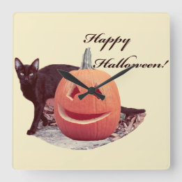 Relógio Quadrado Gato & Abóbora Feliz Halloween