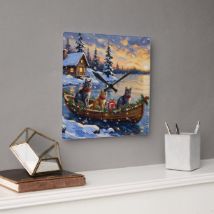 Relógio Quadrado Gato Azul Russo Natal Barco Festa
