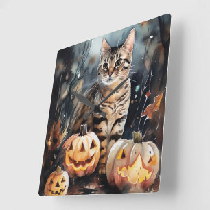 Relógio Quadrado Gato Bengal Halloween com Abóboras Assustadoras
