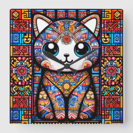 Relógio Quadrado Gato Bonito com Charme de Padrão Tradicional