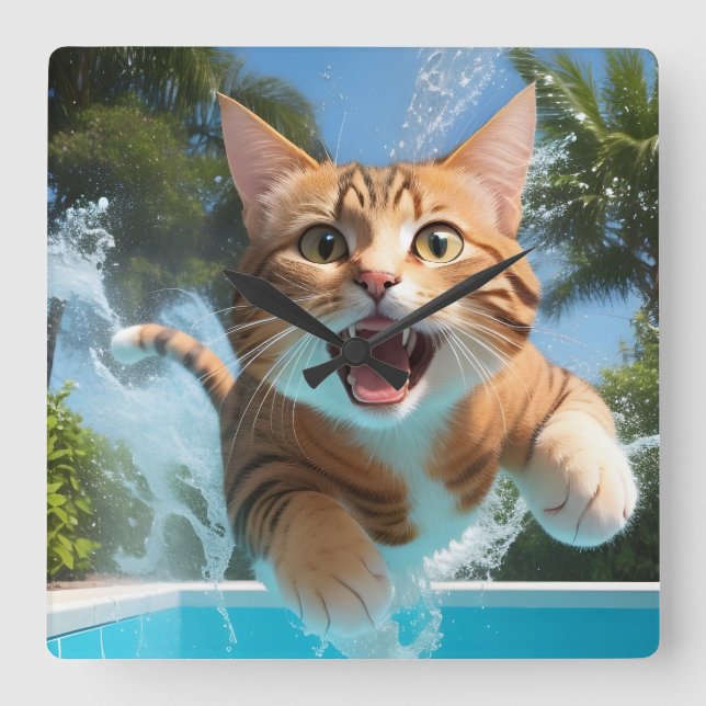 Relógio Quadrado Gato Bonito Nadando Engraçado na Piscina (Frente)