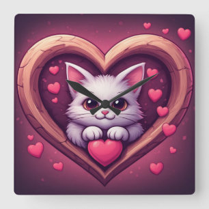 Relógio Quadrado Gato Branco Fofo com Coração Desenho de Kawaii Kit