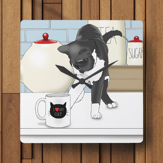 Relógio Quadrado Gato Cinza Branco Curioso Caneca de Chá Engraçada  (Criador carregado)