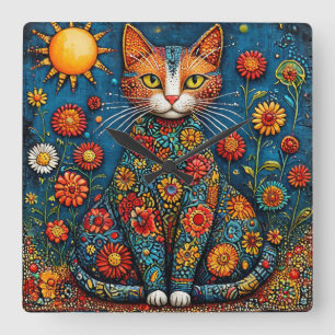 Relógio Quadrado 🌸 Gato com corpo floral estética inspirada na nat