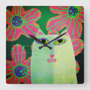 Relógio Quadrado Gato com Flores Arte Abstrata