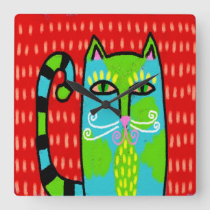 Relógio Quadrado Gato de Abstrato de Arte Funky