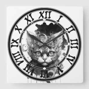 Relógio Quadrado Gato de aquarela no estilo steampunk
