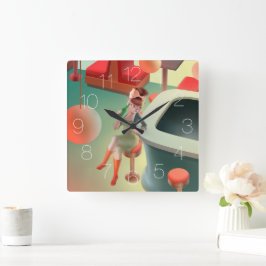 Relógio Quadrado Gato de Bebendo no Bar Square Wall Clock